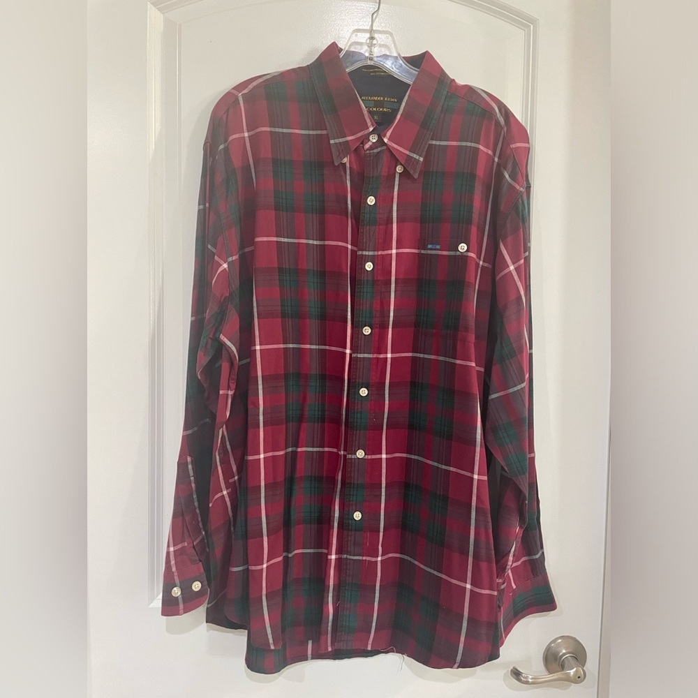 Alexander Julian Colours,mens red & green plaid button down long sleeve shirt XL